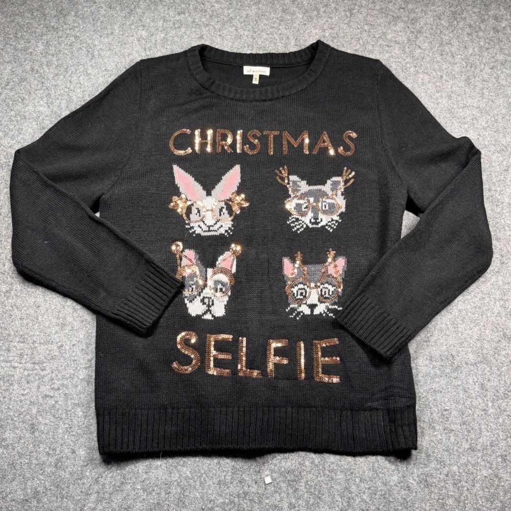 Self‎ Esteem Christmas Selfie Sweater Womens XL Black Sequin Animals 1GSR-ENJN